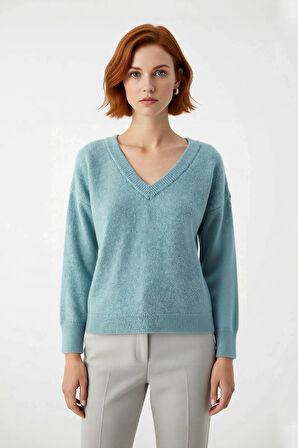 Kadın Günlük Kombinler İçin Rahat Oversize Triko V Yaka Düşük Kol Kışlık Kazak Kaliteli Şık