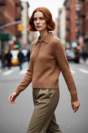 Kadın Soğuk Hava Şıklığı Polo Yaka Regular Kalıp Triko Kazak Konforlu ve Modern Görünüm Sağlar