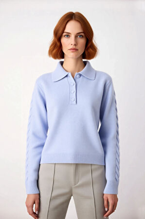 Kadın Modern ve Rahat Polo Yaka Saç Örgü Detaylı Regular Triko Kışlık Standart Kol Kazak Kaliteli