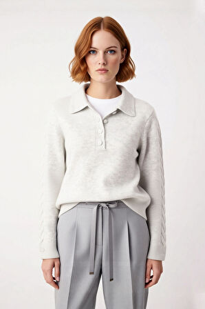 Kadın Modern ve Rahat Polo Yaka Saç Örgü Detaylı Regular Triko Kışlık Standart Kol Kazak Kaliteli