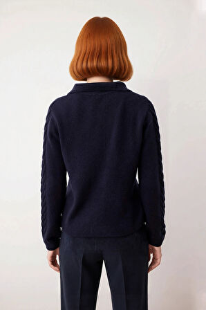 Kadın Modern ve Rahat Polo Yaka Saç Örgü Detaylı Regular Triko Kışlık Standart Kol Kazak Kaliteli