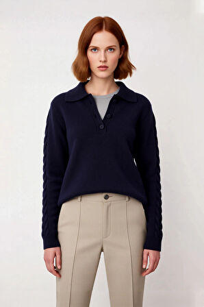 Kadın Modern ve Rahat Polo Yaka Saç Örgü Detaylı Regular Triko Kışlık Standart Kol Kazak Kaliteli