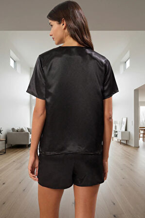 Yazlık Homewear Pijama Takımı Saten V Yaka Kısa Kollu Boru Paça Regular Kalıp Türk Malı