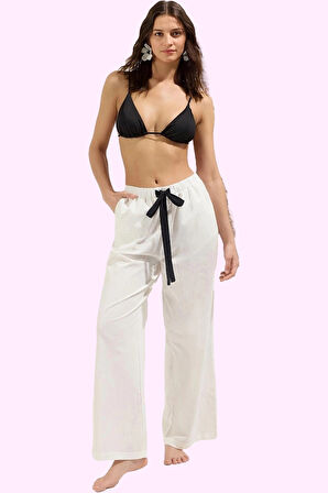 Kadın Yazlık Pamuk Flamlı Dokuma Pantolon Boru Paça Plaj ve Günlük Yaz Aylarının Vazgeçilmezi