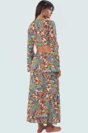 Plaj için Şal Desenli Uzun Bluz Etek Takımı; Viskoz Rahat Kalıp Günlük Kullanım İçin