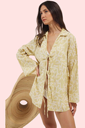 Kadın Yazlık Uzun Kollu Geometrik Desenli Pamuk Gömlek; Plaj Günlük Kullanım Modern Tasarım