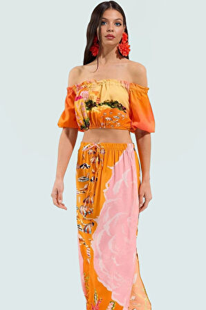 Yazlık Şal Desenli Viskoz Bluz Etek Takım Rahat ve Şık Plaj Modası Görünüm Modern Stil