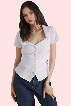 Kadın Terrycotton Kumaş Gömlek Fitted Kalıp Yaka Kısa Kollu Yazlık Yaz Aylarının Vazgeçilmezi