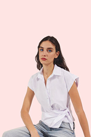 Kadın Kruvaze Gömlek Kısa Kollu Terrycotton Düz Desen Rahat Yaz Gömleği Stilin Buluştuğu Yer