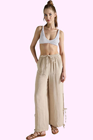 Kadın Müslin Pantolon; Pamuk Bağlama Detaylı Boru Paça Yazlık Rahat Yaz Aylarının Vazgeçilmezi