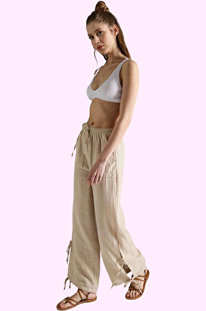 Kadın Müslin Pantolon; Pamuk Bağlama Detaylı Boru Paça Yazlık Rahat Yaz Aylarının Vazgeçilmezi
