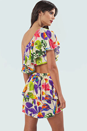 Rahat ve Şık Kadın Plaj Takımı Viskoz Pamuk Dokuma Kumaş Tropikal Desen Kaliteli İşçilik