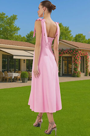 Bağcıklı Askılı A Kesim Midi Abiye Elbise Finike Dokuma Kumaştan Trend Tasarım Zarifane Tasarım