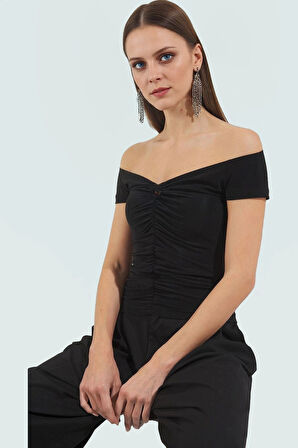 Örme Kumaştan Carmen Yaka Bluz Kısa Kollu Regular Kalıp Yazlık Kaliteli İşçilik