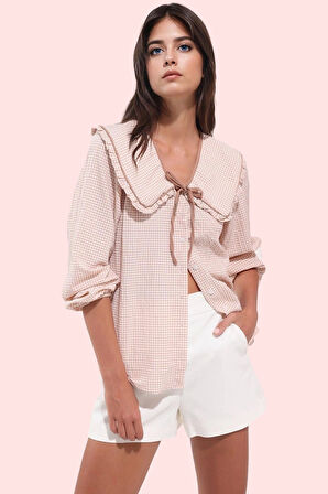 Kadın Polyester Gömlek Gofreli Dokuma Bebe Yaka Ekose Desenli Uzun Kollu Dayanıklı Malzeme