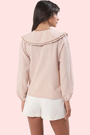 Kadın Polyester Gömlek Gofreli Dokuma Bebe Yaka Ekose Desenli Uzun Kollu Dayanıklı Malzeme