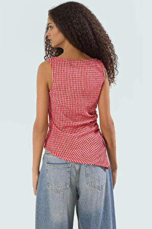 Nefes Alan Örme Bluz Ekose Desen Fitted Kalıp Yazlık Şık Görünüm Rahat Ve