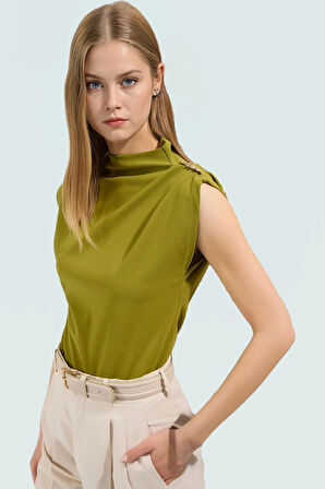 Kısa Kol Scuba Krep Örme Bluz Dik Yaka Aksesuar Detaylı Fitted Mükemmel Uyum Premium Kalite