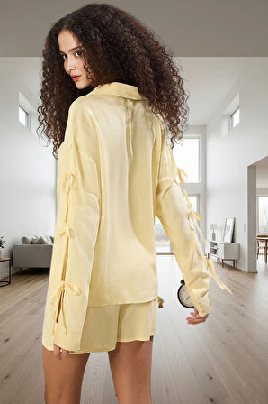 Homewear Şortlu Pijama Takımı Viskoz Bağlamalı Regular Kalıp Rahat Profesyonel Görünüm