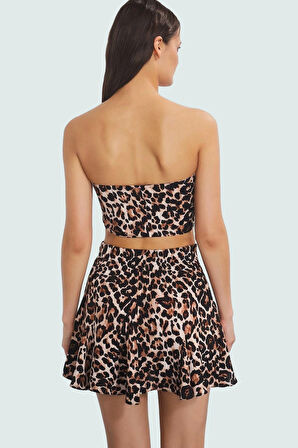 Viskoz Leopar Desenli Straplez Bluz Etek Takım Yazlık Plaj Modası Konforlu Kesim Uzun Ömürlü