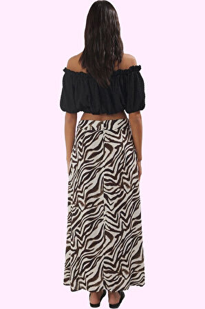 Kadın Viskoz Midi Etek Zebra Desenli Shally Dokuma Yırtmaçlı Kuşaklı Yazlık Günlük Kullanım