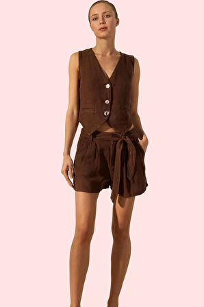 Kadın Keten Regular Şort Yüksek Bel Geniş Paça Rigid Dokuma Yazlık Kombinler Günlük Kullanım