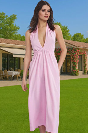 Kadın Yazlık Plaj Elbisesi V Yaka Bubble Krep Maxi Yüksek Kalite Modern Stil Rahat Kullanım