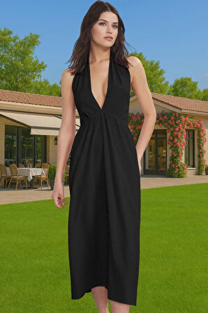 Kadın Yazlık Plaj Elbisesi V Yaka Bubble Krep Maxi Yüksek Kalite Modern Stil Rahat Kullanım