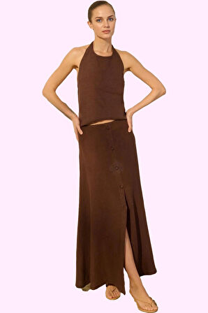 Kadın Düğme Detaylı Maxi Keten Etek Yazlık Rahat Günlük Kombin Hafta Sonu Kaliteli Malzeme