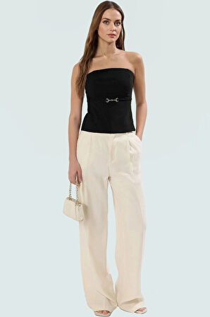 Yazlık Straplez Bluz Regular Kalıp Finike Dokuma Şık Kemer Detayı Konforlu Kesim