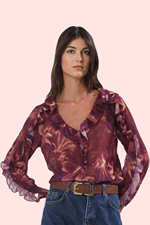 Kadın Şifon Gömlek Regular Kalıp Uzun Kol Çiçekli Desen Polyester Yaz Aylarının Vazgeçilmezi