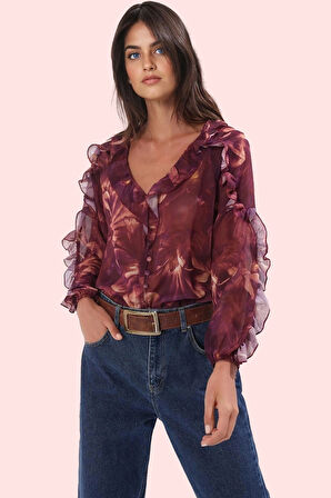 Kadın Şifon Gömlek Regular Kalıp Uzun Kol Çiçekli Desen Polyester Yaz Aylarının Vazgeçilmezi