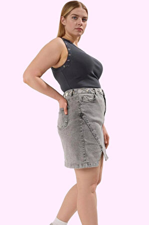 Kadın Yüksek Bel Denim Kısa Etek A line Rigid Dokuma Yırtmaçlı Pamuk Yaz Aylarının Vazgeçilmezi