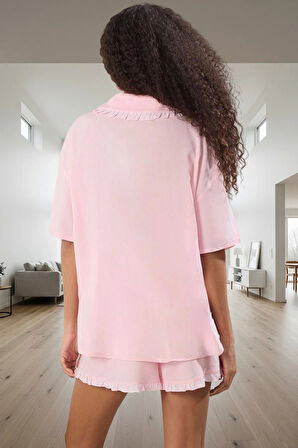 Homewear Yazlık Şortlu Pijama Takımı Viskoz Fırfır Detaylı Rahat Kalıp Premium Kalite