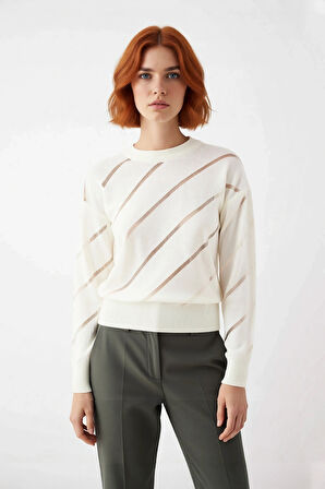 Kadın Bisiklet Yaka Akrilik Triko Kazak Düşük Kollu Ajurlu Desenli İlkbahar Sonbahar Şıklığı