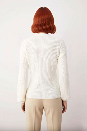 Kadın Basic Siluet İnci Detaylı Bisiklet Yaka Triko Kazak Düşük Kol Rahat Giyim Stili Kaliteli