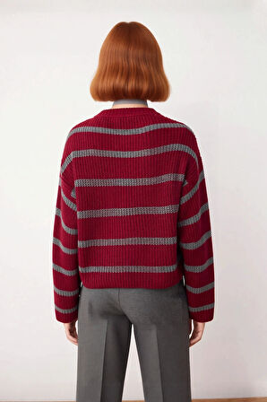 Kadın Crop Boy Akrilik Triko Kazak Bisiklet Yaka Geniş Kalıp Çizgili Soğuk Havalara Uygun Kaliteli