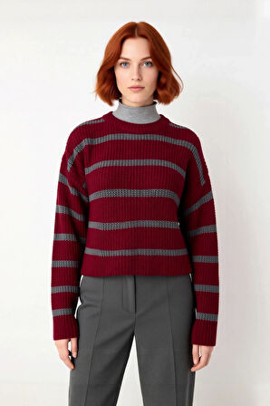 Kadın Crop Boy Akrilik Triko Kazak Bisiklet Yaka Geniş Kalıp Çizgili Soğuk Havalara Uygun Kaliteli