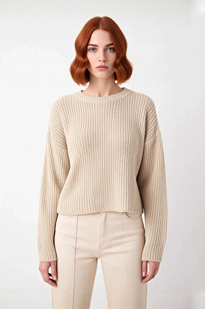 Kadın Crop Boy Akrilik Triko Kazak Bisiklet Yaka Geniş Kalıp Çizgili Soğuk Havalara Uygun Kaliteli