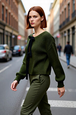 Kadın Triko Çift Taraflı Kurdeleli Crop Kesim Regular Kalıp Düşük Kol Selanik Örgü Akrilik Kazak