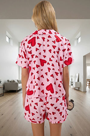 Yazlık Pamuklu Pijama Takımı Kalpli Desenli Şortlu Mükemmel Uyum Kaliteli İşçilik