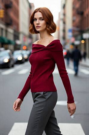 Kadın Modern Carmen Yaka Fitted Akrilik Triko Uzun Kollu Kazak Gündüzden Geceye Kusursuz Şıklık