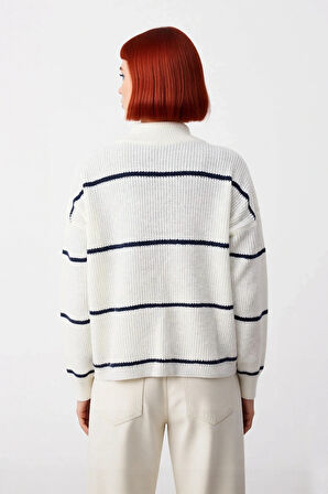 Kadın Oversize Rahat Kesim Düşük Kol Fermuarlı Dik Yaka Triko Selanik Örgü Uzun Kollu Kazak