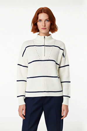 Kadın Oversize Rahat Kesim Düşük Kol Fermuarlı Dik Yaka Triko Selanik Örgü Uzun Kollu Kazak