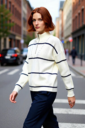 Kadın Oversize Rahat Kesim Düşük Kol Fermuarlı Dik Yaka Triko Selanik Örgü Uzun Kollu Kazak