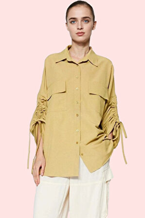 Kadın Günlük Gömlek Büzgülü Kollar Dokuma Kumaş Rahat Kalıp Tüm Sezonlar Dayanıklı Malzeme