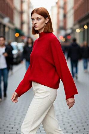 Kadın Basic Siluet Oversize Dik Yaka İspanyol Kol Akrilik Triko Kazak Konforlu Ve Modern Kaliteli