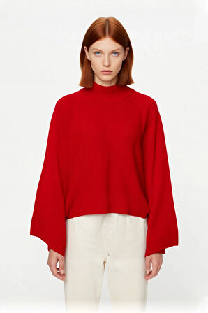 Kadın Basic Siluet Oversize Dik Yaka İspanyol Kol Akrilik Triko Kazak Konforlu Ve Modern Kaliteli