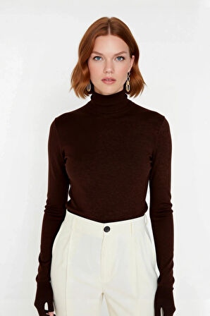 Kadın İnce Triko Balıkçı Yaka Fitted Kalıp Uzun Kollu Kazak Günlük Konfor İlkbahar Sonbahar