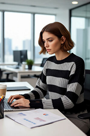 Kadın Modern Bisiklet Yaka Çizgili Akrilik Triko Crop Kazak Akıtma Detaylı Şık Kombinler Kaliteli